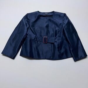 Jones Wear Petite Navy Blue Belted Blazer Jacket Suit Top 12P Collarless Peplum
